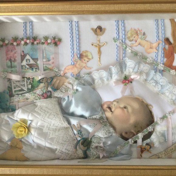 Framed wall art decor 3D mixed media paper fabric baby angel made by B. Angelina - Picture 3 of 5